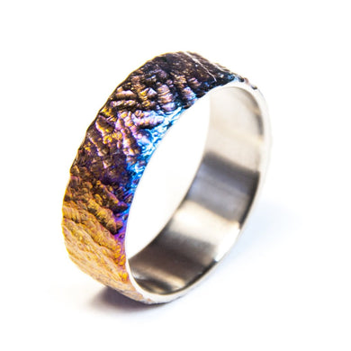 Colorful titanium ring, Titanium wedding band, hand carved  moon like surface, mens ring.